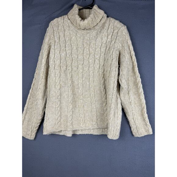 Woolrich Sweater Womens S Ivory Beige Cable Knit Made USA Wool Blend Turtleneck - Picture 1 of 7